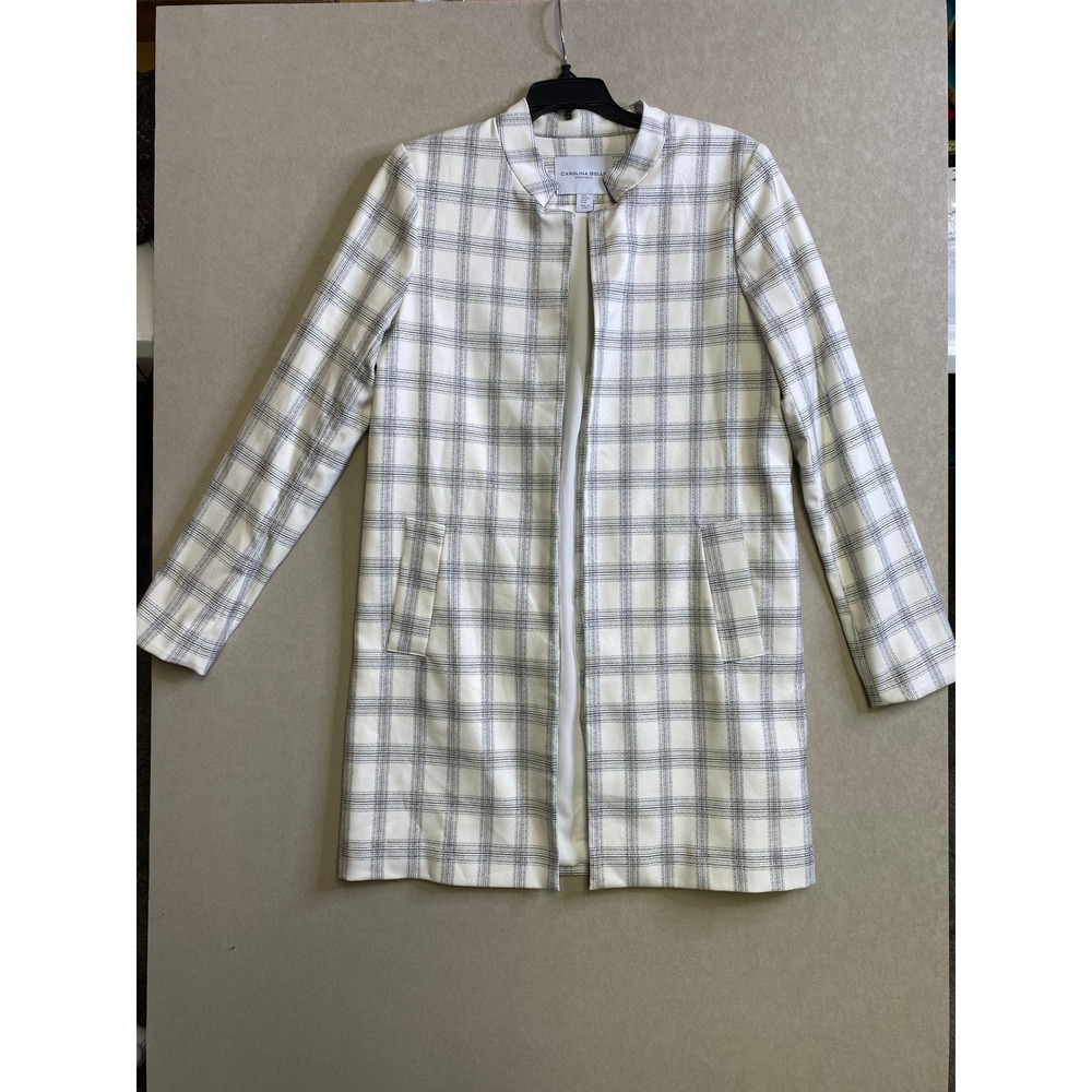 Carolina Belle Montreal Womens Plaid Open Front Longline Jacket White Black M